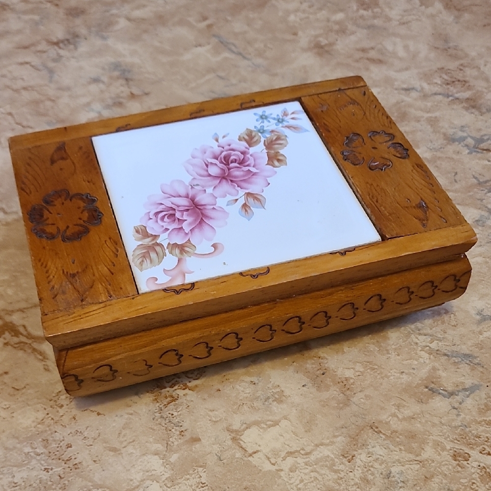 Vintage Handmade Carved Wood Rose Tile Inlay Jewelry Box